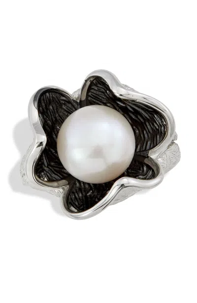 Savvy Cie Jewels Sterling Silver And Black Rhodium Fresh Water Pearl Ring In Metallic