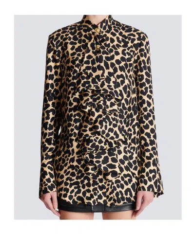 Balmain Leopard Print Jabot Collar Shirt In Multi