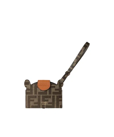 Fendi Card Holder In Ff Fabric And Brown Leather In Green