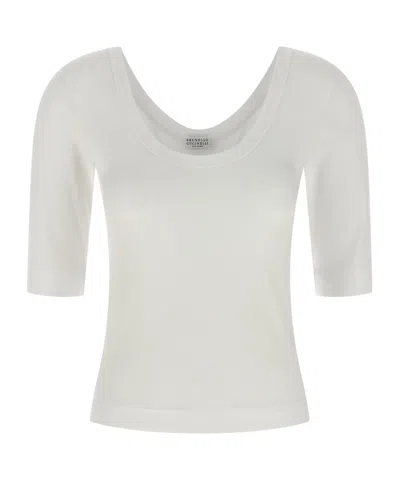 Brunello Cucinelli Ribbed Scoop Neck Stretch Fit T-shirt In White