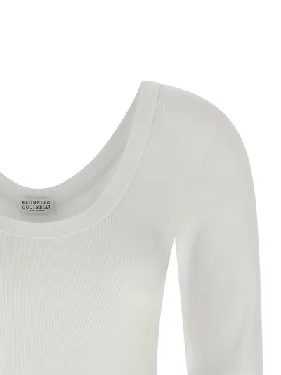 Brunello Cucinelli Ribbed Scoop Neck Stretch Fit T-shirt In White