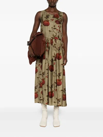 Uma Wang Midi Dress With Floral Print And Gathered Waist In Multi