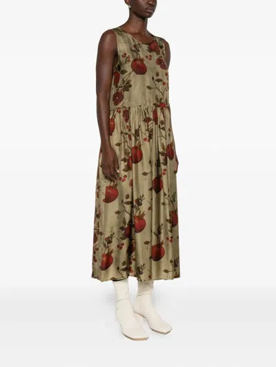 Uma Wang Midi Dress With Floral Print And Gathered Waist In Multi
