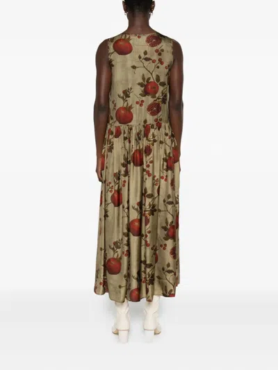 Uma Wang Midi Dress With Floral Print And Gathered Waist In Multi