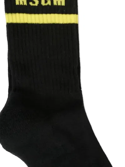 Msgm Black Socks For Kids With Yellow Logo In Black