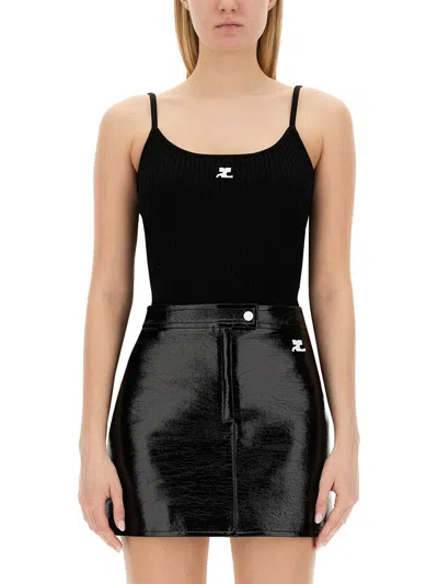 Courrèges Ribbed Spaghetti Strap Top With Elegant Logo Detail And Luxurious Fabric Blend In Black