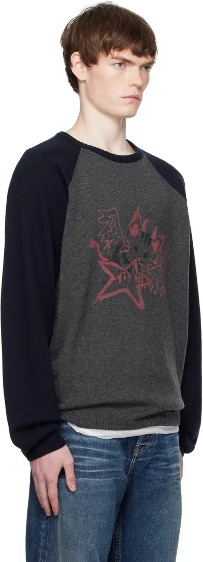 We11 Done Printed Raglan Knit Pullover Sweater In Gray