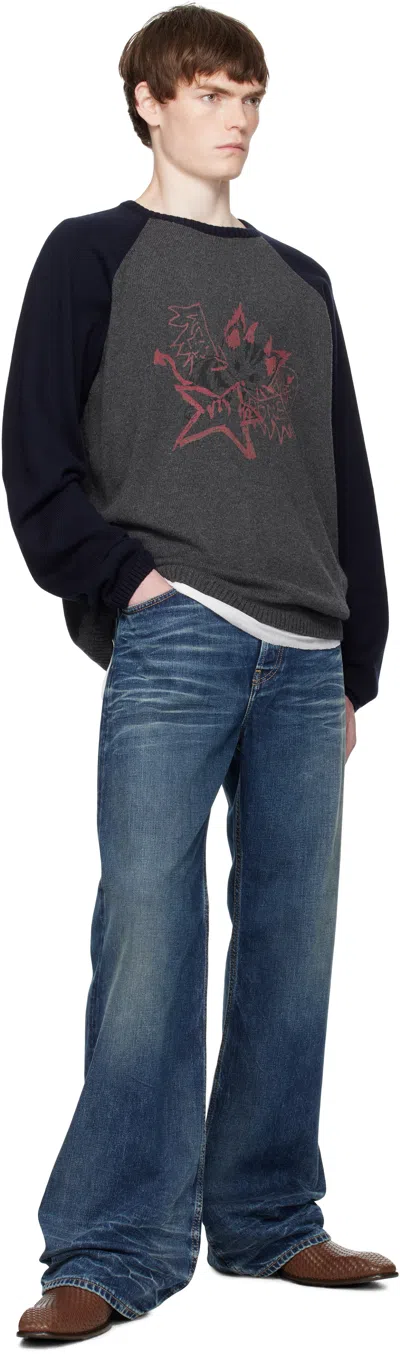 We11 Done Printed Raglan Knit Pullover Sweater In Gray