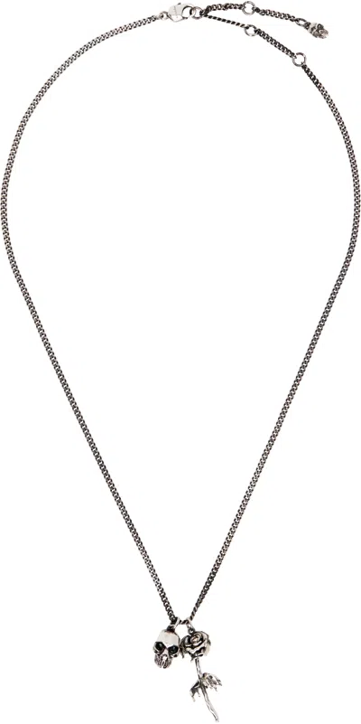 Alexander Mcqueen Skull & Dipped Rose Necklace In Metallic