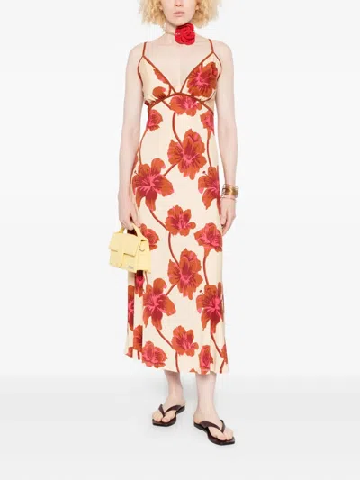 Johanna Ortiz Sendero De Astromelias Floral-print Satin Maxi Dress In Burgundy