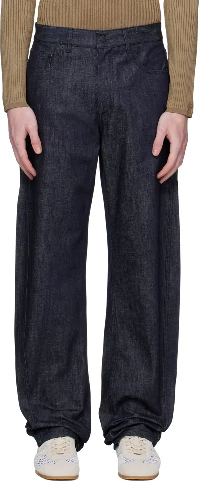 Mugler Navy Straight Raw Denim Jeans In Blue