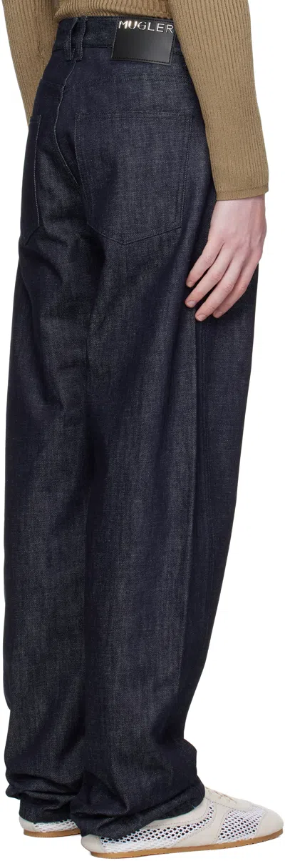 Mugler Navy Straight Raw Denim Jeans In Blue