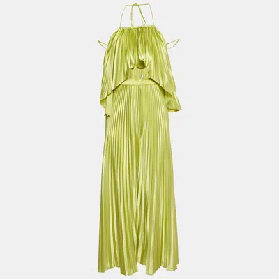 Pre-owned L'idée Li Dee Green Satin Pleated Biscous Top & Pants Set Xs
