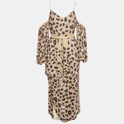 Pre-owned Retroféte Beige Leopard Print Sequin Belted Midi Dress Xs In Sand