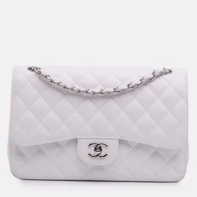 Pre-owned Chanel White Jumbo Classic Caviar Double Flap