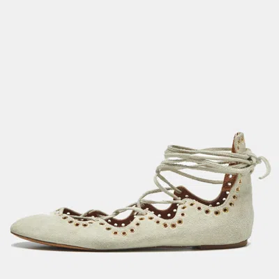 Pre-owned Isabel Marant Light Grey Suede Leo Eyelet Ankle Tie Ballet Flats Size 38 In Gray