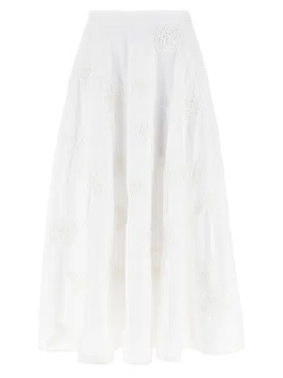Rotate Birger Christensen Floral Embroidered A-line Midi Skirt In Organic Cotton In White