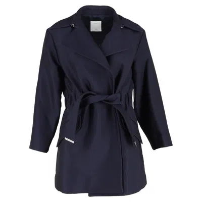 Sandro Marius Spread-lapel Belted Coat In Navy Blue Polyester In Blue
