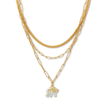 Palm Beach Jewelry Crystal Enamel Elephant Pendant Gold Ion-plated Layered Necklace Set 16-19 Inch In White