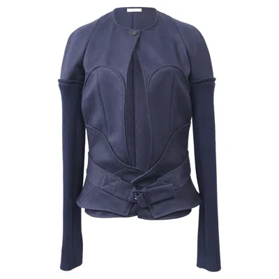 Victoria Beckham Belted Knitted Sleeve Blazer In Navy Blue Wool In Blue