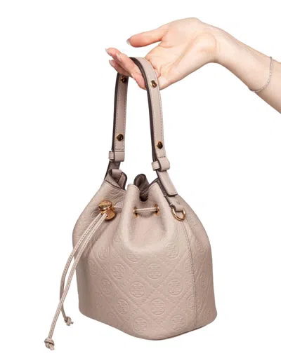Tory Burch Monogram Leather Bucket Bag Clay Color In Brown