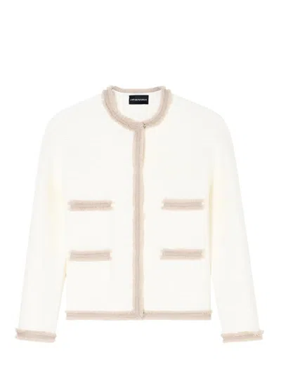 Emporio Armani Ottoman Stitch Knit Jacket With Fringe Hems In White