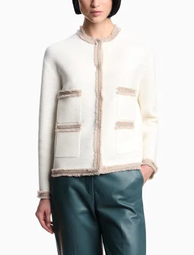 Emporio Armani Ottoman Stitch Knit Jacket With Fringe Hems In White