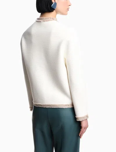 Emporio Armani Ottoman Stitch Knit Jacket With Fringe Hems In White