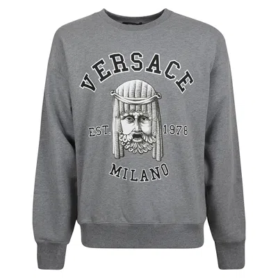 Versace Mask Print Cotton Crewneck Sweatshirt In Gray