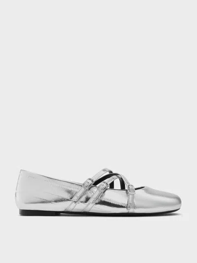 Charles & Keith - Metallic Triple-strap Crossover Mary Jane Flats In Silver
