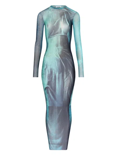 Jean Paul Gaultier "water" Mesh Long Dress In Blue