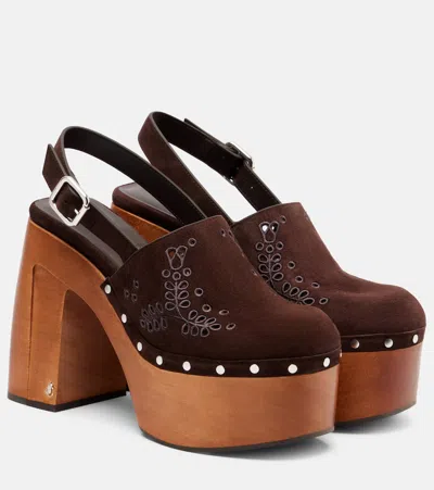 Jimmy Choo Alida 135 Embroidered Studded Suede Platform Clogs In Brown