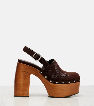 Jimmy Choo Alida 135 Embroidered Studded Suede Platform Clogs In Brown