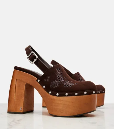 Jimmy Choo Alida 135 Embroidered Studded Suede Platform Clogs In Brown