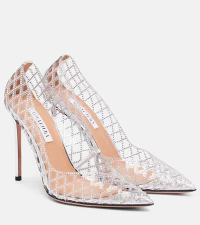 Aquazzura Lumiere 105 Metallic Leather-trimmed Crystal-embellished Cutout Pvc Pumps In Silver