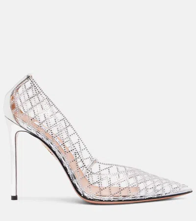 Aquazzura Lumiere 105 Metallic Leather-trimmed Crystal-embellished Cutout Pvc Pumps In Silver