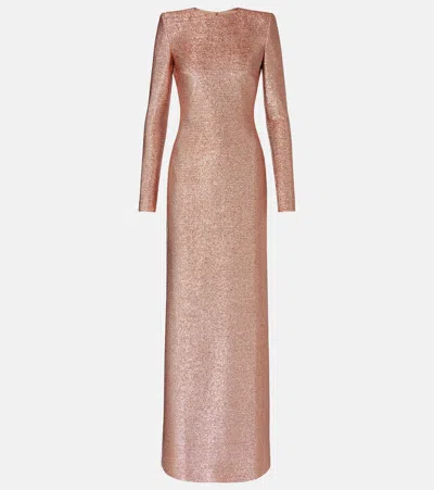 Oscar De La Renta Long Sleeve Stretch Lame Gown In Pink