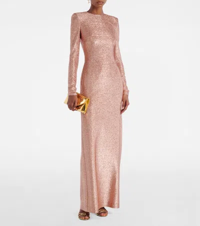 Oscar De La Renta Long Sleeve Stretch Lame Gown In Pink
