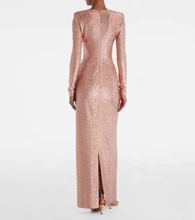 Oscar De La Renta Long Sleeve Stretch Lame Gown In Pink