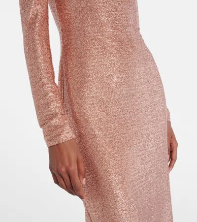 Oscar De La Renta Long Sleeve Stretch Lame Gown In Pink