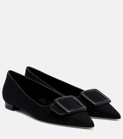 Manolo Blahnik Maysale Suede Buckle Ballerina Flats In Black