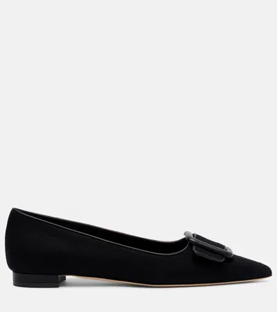 Manolo Blahnik Maysale Suede Buckle Ballerina Flats In Black