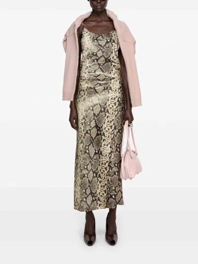 Acne Studios Snake Print Midi Dress With Side Slit In Brown