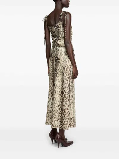 Acne Studios Snake Print Midi Dress With Side Slit In Brown