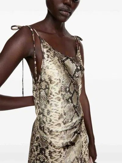 Acne Studios Snake Print Midi Dress With Side Slit In Brown