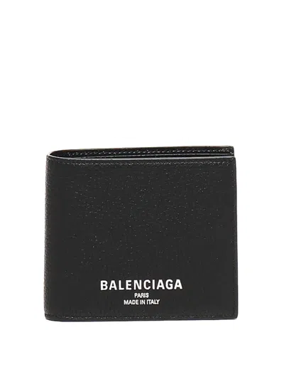 Balenciaga Men Black Bi-fold Wallet With Logo Lettering On The Front In Grained Leather Man In Black