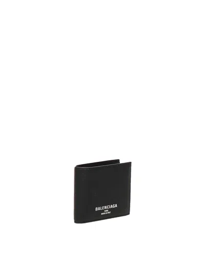 Balenciaga Men Black Bi-fold Wallet With Logo Lettering On The Front In Grained Leather Man In Black