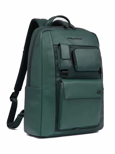 Piquadro Multi-pocket Leather Backpack In Green