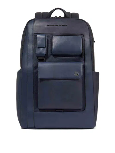 Piquadro Multi-pocket Leather Backpack In Blue