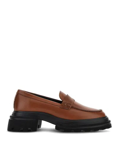 Hogan Round Toe Brown Leather Moccasin With Soft Insole And Eva Sole In Brown